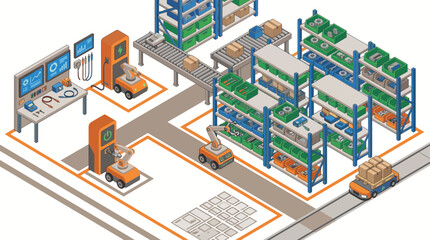 Fototapeta premium Isometric illustrations of industrial buildings and machinery in green and gray.