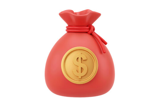 Red 3 d money bag featuring a gold dollar sign symbol on the front for financial and banking concepts isolated on a transparent background