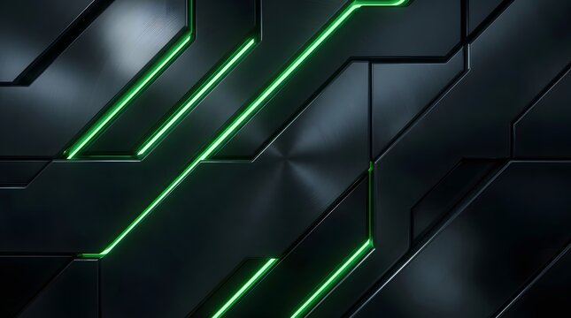 Dark metallic panels with diagonal geometric grooves and glowing neon green light strips, industrial sci-fi texture background