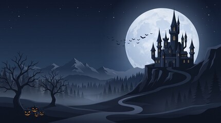Halloween haunted castle on cliff with full moon and pumpkins © MDETTASAF