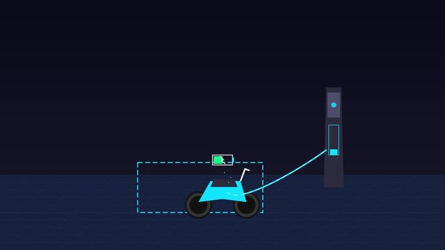 Minimalist 2D Animation of an Electric Motorcycle Charging at a Power Hub, 4K 60fps 16:9 Aspect Ratio
