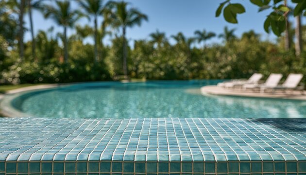 A close-up view of blue mosaic tiles with a blurred tropical pool in background