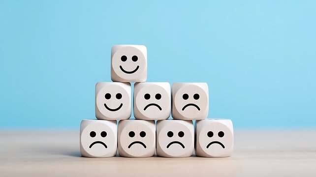 A pyramid of white dice with different facial expressions symbolizing emotions, feedback, and mood evaluation