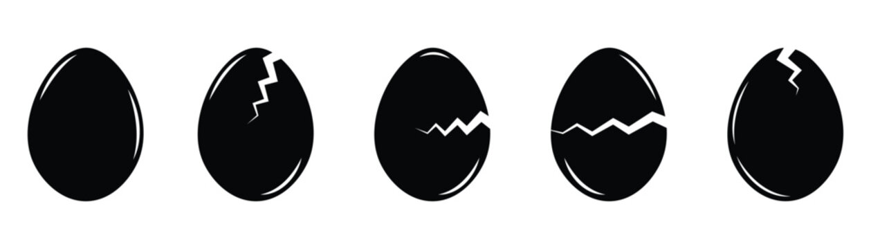 Egg Icons Set. A set of five solid black egg icons featuring one whole egg and four cracked egg designs. Clean silhouette-style food symbols representing fresh and cracked eggs.