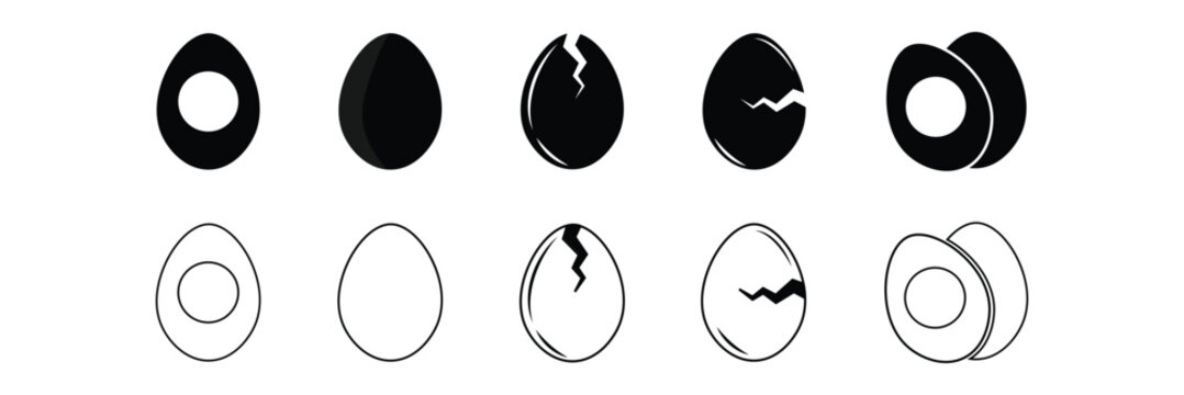 Set of Egg Icon. collection of black filled and line style egg icon showing cracked,  boiled half egg with visible yolk. Simple food symbols designed for cooking, breakfast, nutrition.