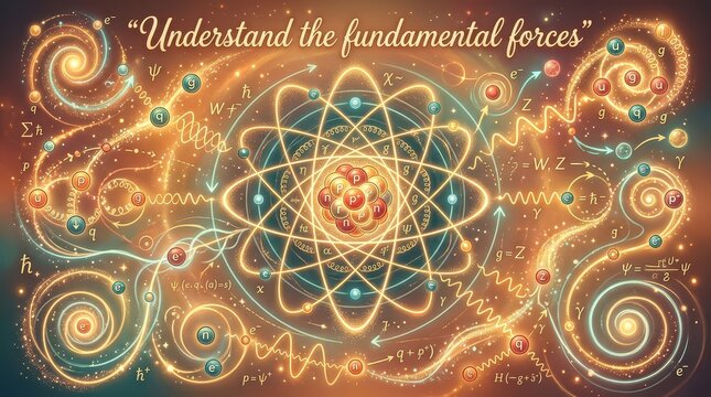 Abstract visualization of fundamental forces and subatomic particles, illustrating quantum physics and atomic structure with glowing energy and mathem