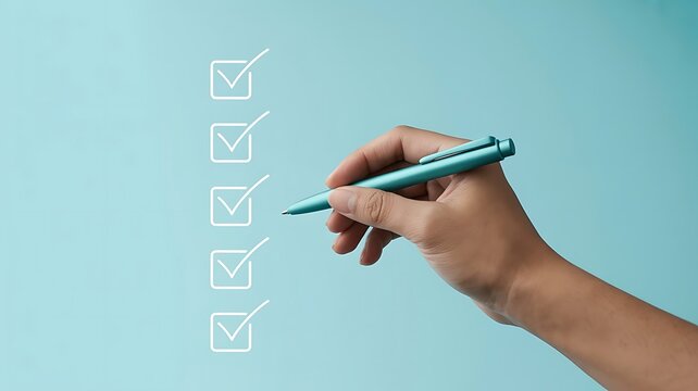 Hand holding a pen checking off boxes on a blue background symbolizing completion and tasks
