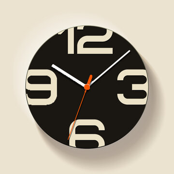 Modern black wall clock with large cream numbers, white hands and bright orange second hand on a neutral beige background. Minimal contemporary clock design with soft long shadow, suitable for time