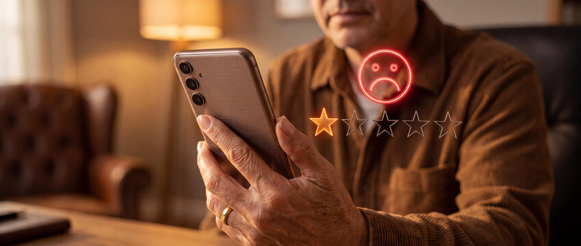Man Giving One Star Negative Review on Smartphone with Sad Face Hologram, Poor Customer Service Feedback, Realistic Hand Holding Mobile Phone Detail