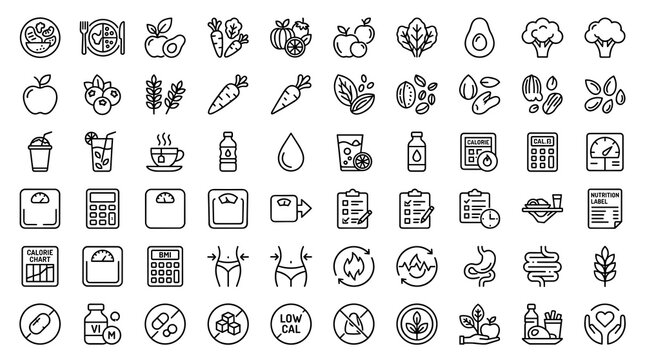 Nutrition Detox and Healthy Diet Editable Line Icon Set with Organic Food, Weight Loss, Metabolism, BMI, Vitamins, Hydration, and Wellness Symbols