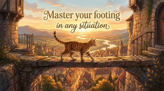 An orange tabby cat walks across a stone bridge over a medieval town at sunset, symbolizing sure-footedness and adaptability.