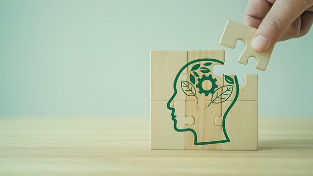 Hand places final puzzle piece, completing a wooden cube illustrating a human head with eco-friendly symbols, representing sustainable thinking and environmental consciousness for a greener future