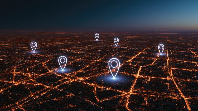 Glowing map pins hover above a sprawling, illuminated cityscape at dusk