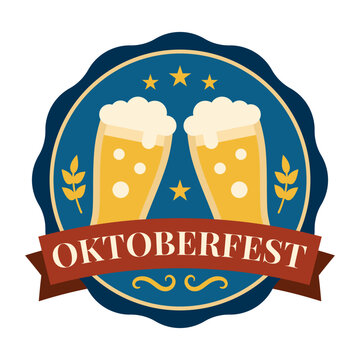 A festive Oktoberfest emblem featuring two clinking beer mugs with wheat stalks and stars.