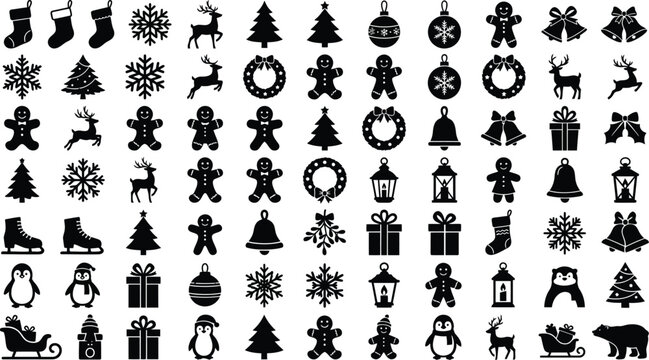 Collection of winter holiday silhouettes featuring christmas trees reindeer and gingerbread men on a white background
