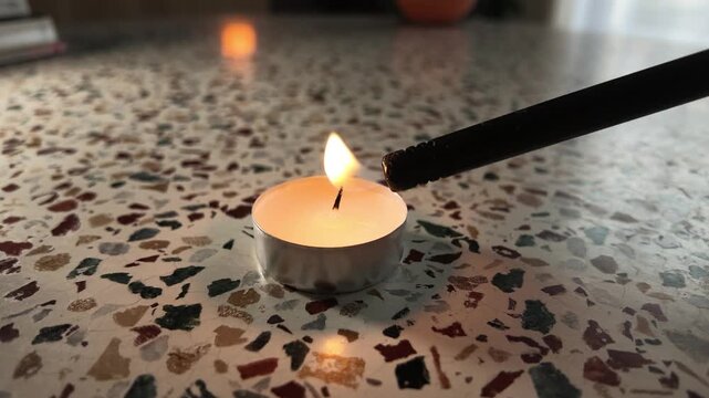Close-up of a hand lighting a tealight candle with a match