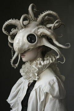 people of ai, dark surrealism, cyclops creature in white ruffled collar, photorealistic