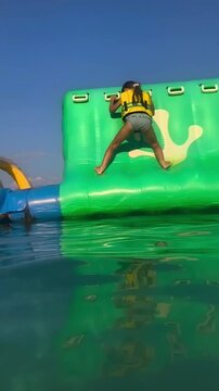 Supetar, Croatia - August 03, 2026: Child in yellow life jacket climbs inflatable water slide with green surface and blue base, reflecting in clear water under bright blue sky