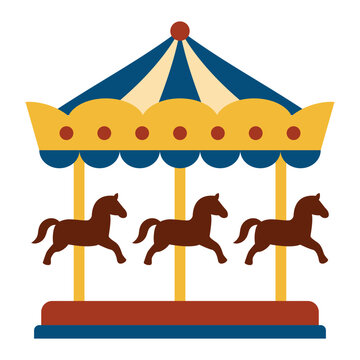 A colorful vintage carousel ride with three brown horses on a white background.