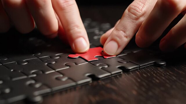 Dark Puzzle Pieces on a Wooden Surface with a Bright Red Piece in Focus