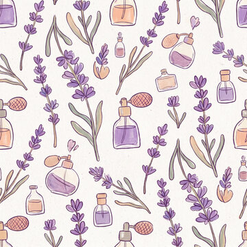 Lavender Dreams: A charming seamless pattern featuring delicate lavender sprigs and vintage perfume bottles, rendered in a soft watercolor style, perfect for creating a serene and elegant aesthetic.