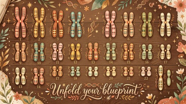 Artistic Representation of Human Chromosomes Organized as Karyotype on Wooden Background with Decorative Elements and Text "Unfold Your Blueprint"