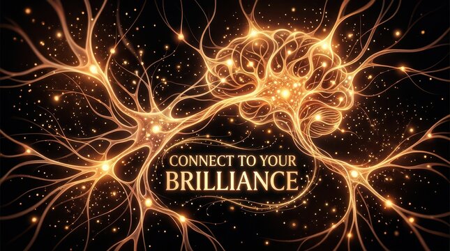 Abstract visualization of interconnected neurons glowing with golden light, representing brain activity, thought, and brilliance on a dark background.