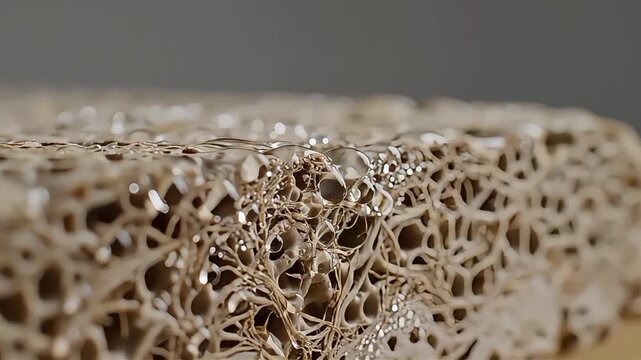 Biodegradable mycelium packaging foam with sustainable natural hemp fiber texture and glistening water droplets in macro