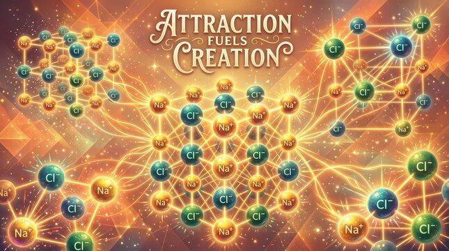 Abstract visualization of molecular structures and energy connections, representing attraction and creation with chemical bonds