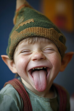 people of ai, dwarf showing tongue, portrait, green pointed hat and a laughing expression, photorealistic