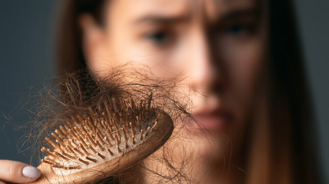 Close-up of a worried woman holding a brush covered with loose hair after combing, excessive hair fall, telogen effluvium, thinning problem, damaged follicles, scalp condition, alo