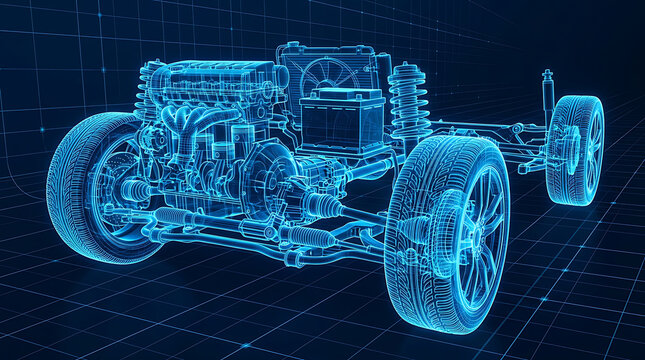 Advanced automotive engineering concept showcasing a detailed wireframe front-wheel drive car assembly for modern vehicle design development