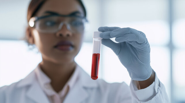 Medium-shot portrait of a woman researcher holding a marked test tube containing a red biological specimen while checking its contents in a modern medical facility, blood diagnosti