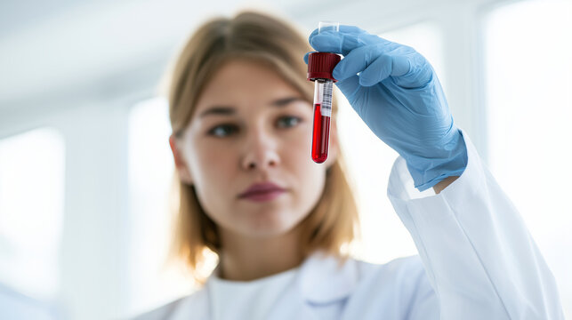 Medium-shot portrait of a woman researcher holding a marked test tube containing a red biological specimen while checking its contents in a modern medical facility, blood diagnosti