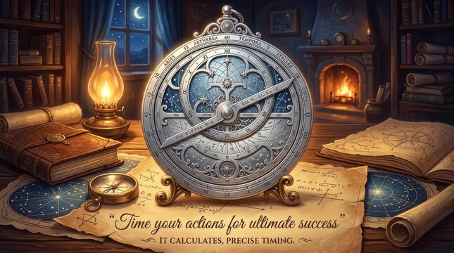 Antique astrolabe and compass on a desk with ancient scrolls, a lantern, and a fireplace, representing time, history, and navigation