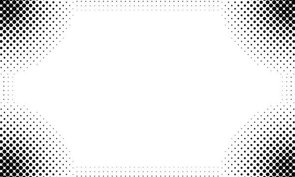 Black halftone corner vignette with a clean central space, gradient dot texture on transparent background