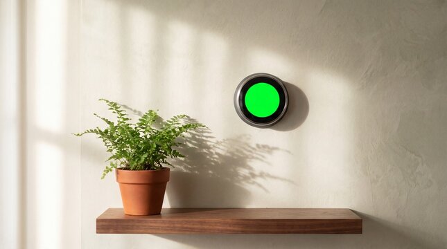 interior design elements, smart thermostat blends with a textured limewash wall, surrounded by greenery