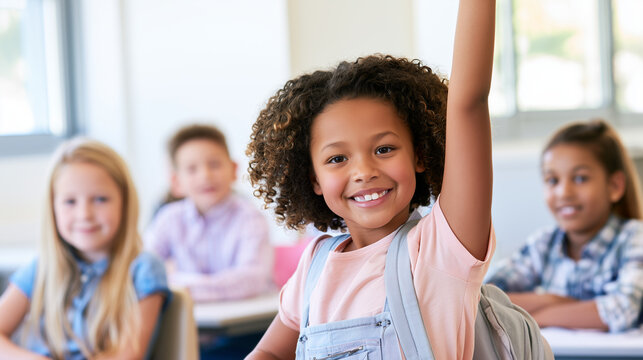 Smiling child holding one arm up during a lesson while classmates sit behind her, classroom volunteering, teacher question, eager learner, knowledge check, student interaction, edu