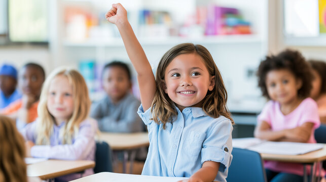 Smiling child holding one arm up during a lesson while classmates sit behind her, classroom volunteering, teacher question, eager learner, knowledge check, student interaction, edu