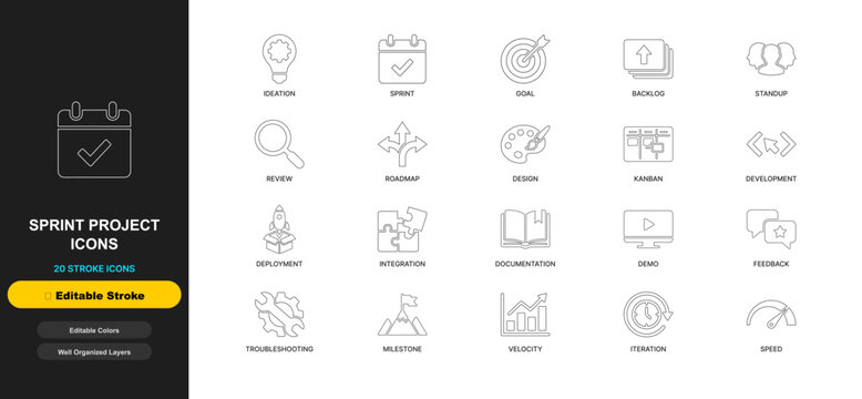Sprint project agile line icon set with editable stroke. Scrum workflow management, sprint backlog task, burndown chart, roadmap for web ui design.