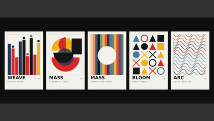 Fototapeta premium A collection of five colorful geometric posters displaying abstract compositions, bar charts, circles, triangles, and wavy line patterns in a row