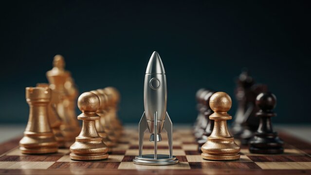 Silver rocket figurine standing on a wooden chessboard among chess pieces