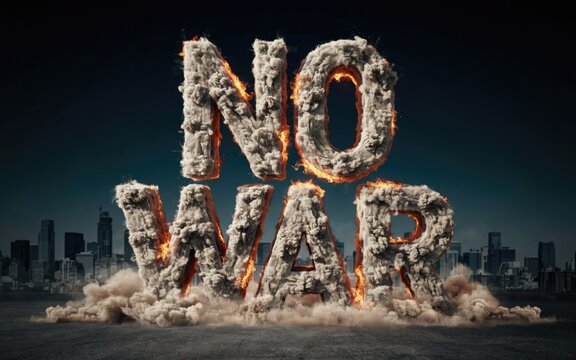 No war text formed by burning smoke and fire against a city skyline