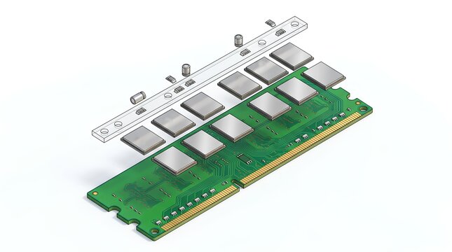 Computer RAM memory module hardware components in isometric exploded view.