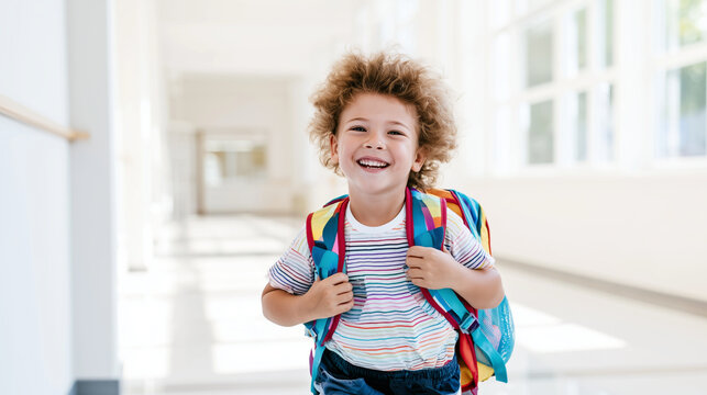 Smiling young schoolboy with curly hair running through a bright school hallway wearing a colorful backpack, elementary pupil, first day, September, class arrival, primary educatio