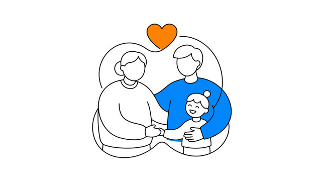 A heartwarming illustration of a family embracing under a love heart, symbolizing unity and affection