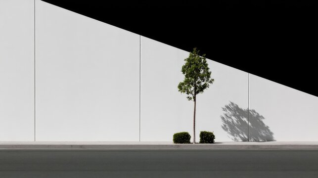 Stark white wall meets dark sky, a solitary tree and bushes cast a shadow