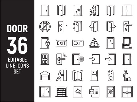 Door 36 Line Icons Set &ndash; Entrance, Exit, Open Closed Door, Doorway Editable Stroke Outline Vector


