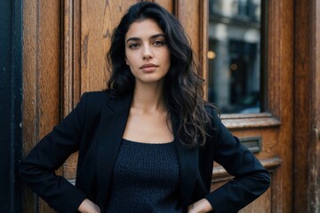 Fototapeta premium Young woman with long dark hair poses in front of wooden door. Beautiful female model wears black blazer, casual top. Stands outside urban building looking at camera with confident expression.