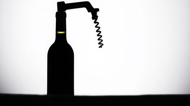 Black silhouette of a wine bottle and vintage manual corkscrew on white background